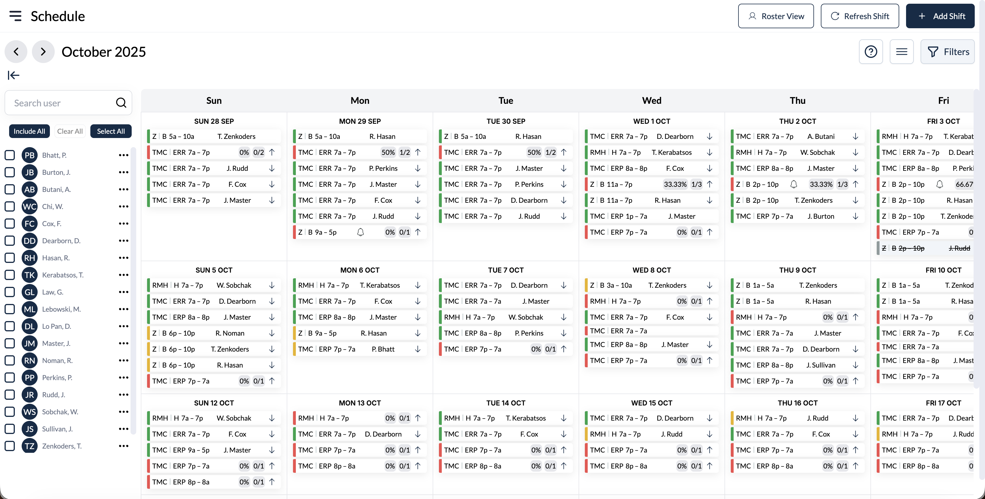 Mach1 scheduling calendar showing shift assignments